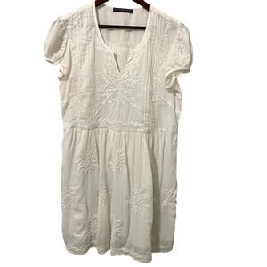 Peruvian Connection White Embroidered Mini Tunic Dress Boho Cottagecore Lined 10